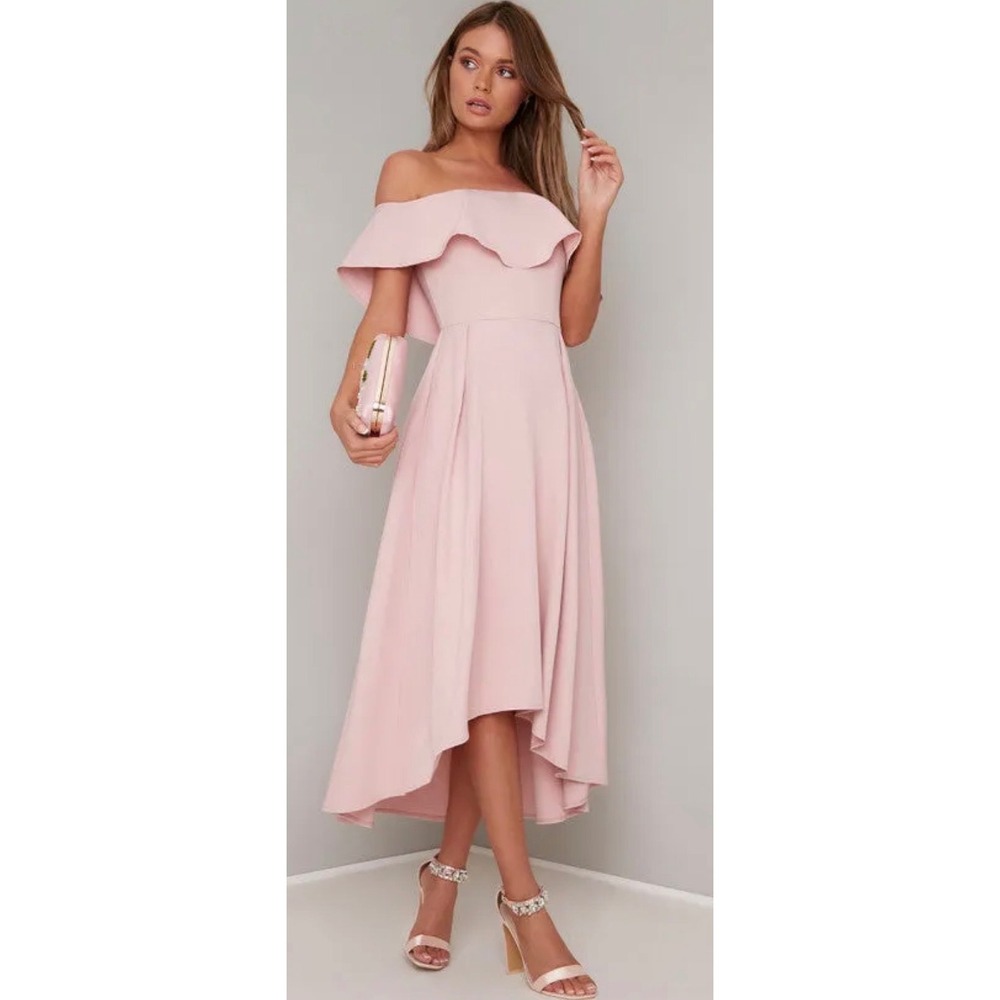Chi Chi London Bardot Ruffle Dip Hem Dress Mink Pink US 8 High Low 6609MI